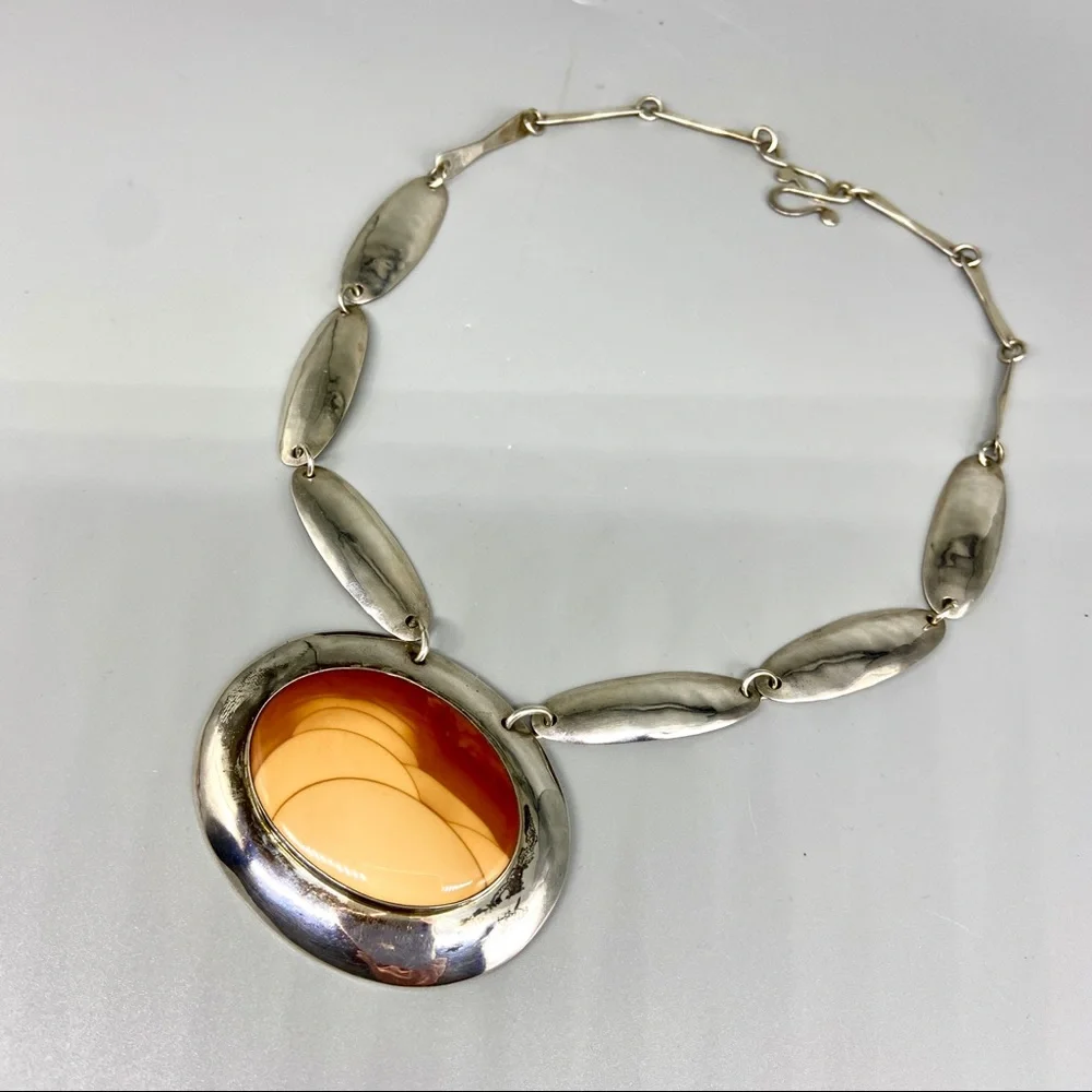 Vintage Sterling Silver & Bruneau Jasper Medallion Necklace - Picture 1 of 16